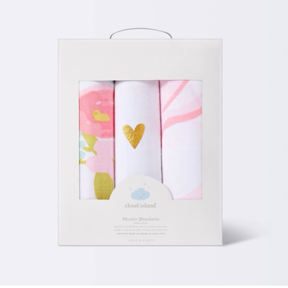 Cloud Island Pink and Gold Muslin Blanket Trio